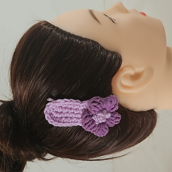 Hand Crafted Hand Knit Crochet Hair Clip Handmade Snap Clip Purple Floral Design - Picture 15 of 17